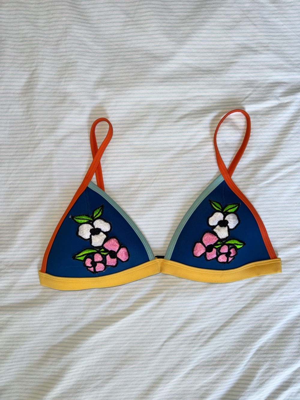 Triangl Swimwear Bikini Top Blue with floral , Orange Straps